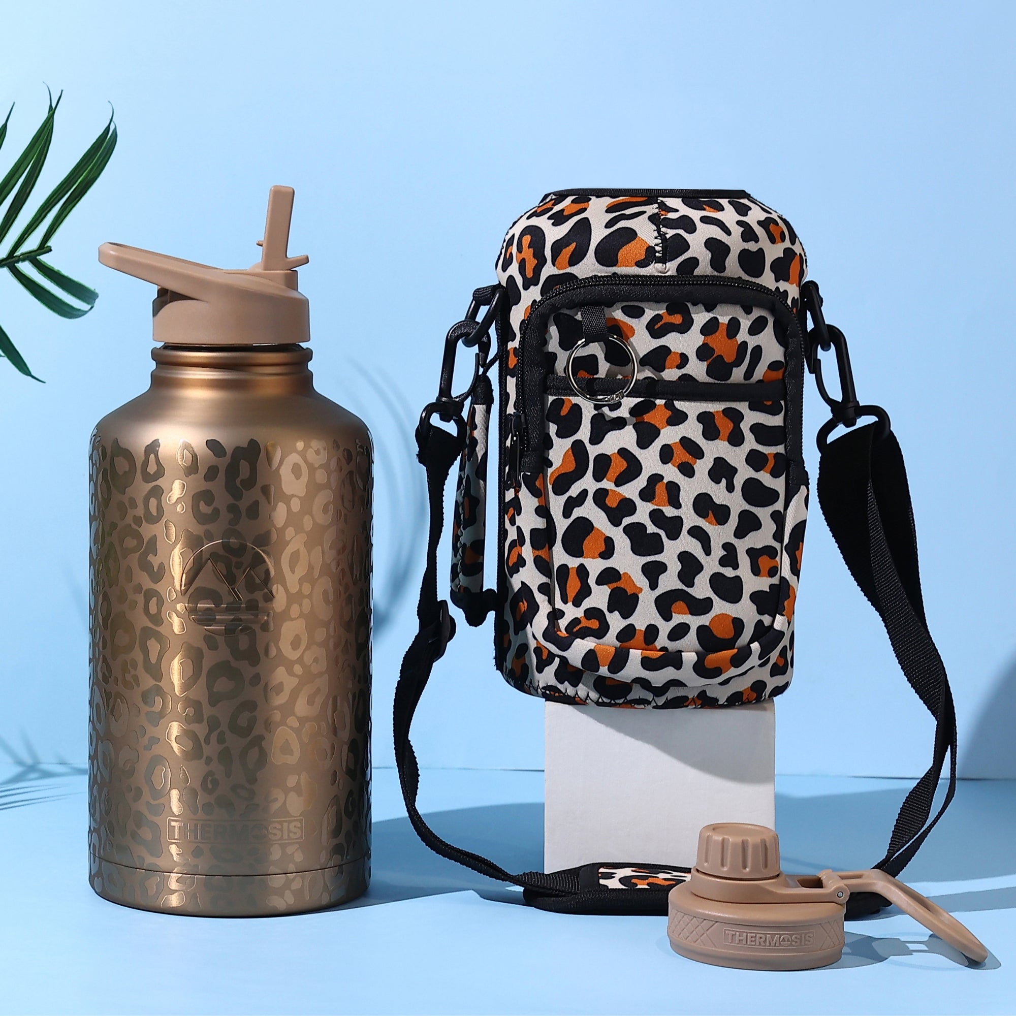 Insulated (64oz Sleeve) Stainless Steel Water Bottle - Gold Leopard